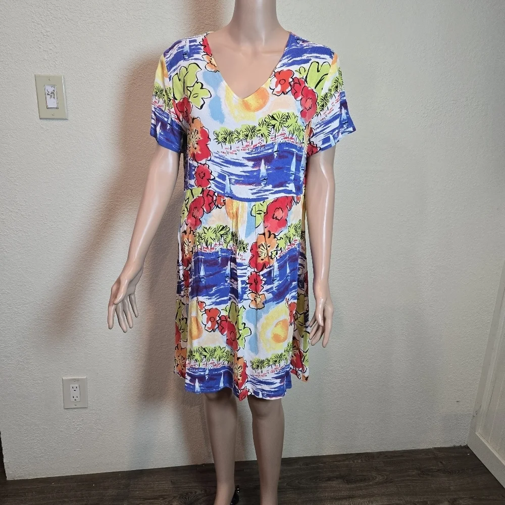 Loco Lindo Vintage Tropical Print Floral  Dress Size Large Short Sleeve Made Usa